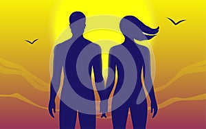 Couple holding each others hands on a sunset background. Adam and Eve concept vector illustration.