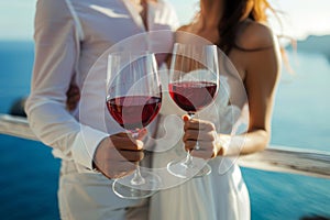 Couple holding a glasses of wine with sea at the background