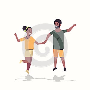 Couple holding hands african american man woman jumping having fun white background male female cartoon characters full