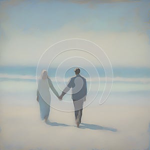 Couple holding hands on the beach. AI-Generated.