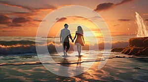 Couple holding hands on the beach at sunset, AI
