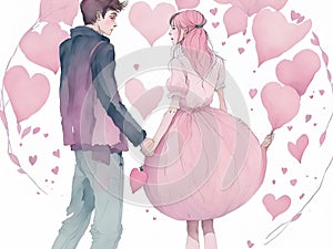 Couple holding hands looking into each other\'s eyes with pink hearts around