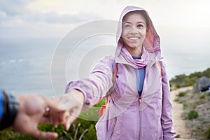 Couple holding hands, pov and hiking with smile, walking and adventure for fitness on mountain. Gen z man, woman and