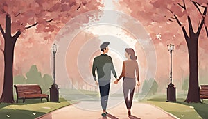 A couple holding hands and smiling at each other in a romantic park. The beautiful surroundings of a park add to the