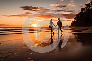 Couple Holding Hands Walking Along a Beach at Sunset. Generative ai