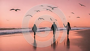 A couple holding hands and walking on a beach at sunset. The sky is orange and pink, and the ocean is calm. There