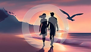 A couple holding hands and walking on a beach at sunset. The sky is orange and pink, and the ocean is calm. There