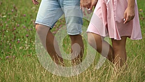 Couple holding hands and walking through the field. Back view. feet close up