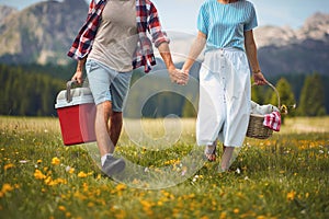 Couple holding hands and walking on green meadow with picnic basket outdoors. Mountains in background. Trip, picnic, togetherness