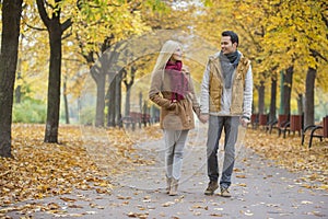 Couple holding hands while walking in park during autumn