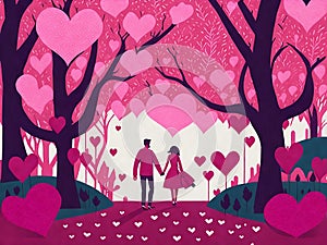 Couple holding hands walking throw a park with pink hearts around