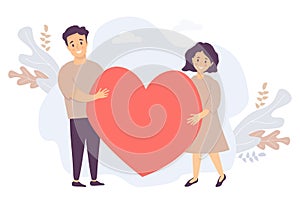 Couple holding a heart. Happy young man and woman holding a big red heart. Vector illustration for love, relationship, family