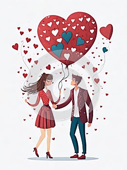 Couple holding a heart shaped balloon on a white background