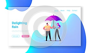 Couple Holding Umbrella Walking in Rainy Weather Landing Page Template. Speaking, Enjoying Relation, Love. Pair Outdoors