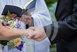 Couple holds hands while saying vows during wedding