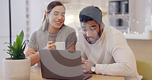 Couple, home and laptop for a video call with internet connection while talking to wave hello. Young man and woman