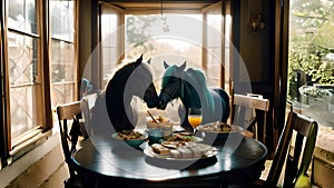 A couple of horses having breakfast at the table