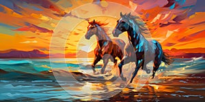 Couple of horses in the ocean waves at sunset watercolor painting.