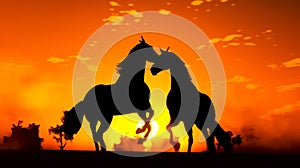 Couple of horses standing next to each other in front of sunset. Generative AI