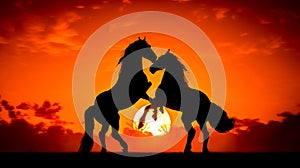 Couple of horses standing next to each other in front of sunset. Generative AI