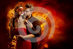 Couple Hot Flaming Kiss, Man in Love Kissing Woman in Fantasy Red Mask