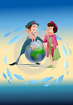 couple hug globe concept of world vacation