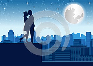 Couple hug together near tower roof top around with skyscraper,silhouette style