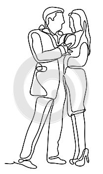 Couple hugging. Love concept. Continuous line drawing. Isolated on the white background. Vector monochrome, drawing by
