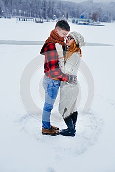 Couple Hugging Smiling Winter Snowy Countryside Full Length Vertical Fairytale Lovely Outdoor Portrait Timespending