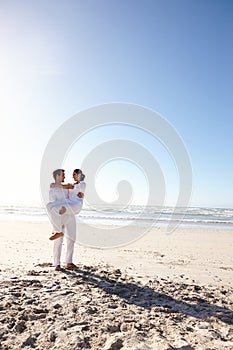 Couple, husband, wife and honeymoon on island and happy for getaway, travel and vacation in Bali. Man and woman and love