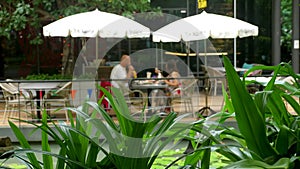 Couple husband and wife sit at table in outdoors restaurant terrace, eat lunch