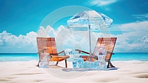 Couple of ice deck chairs on the beach, refreshing concept. Vacation on the hot shore with cold chairs.