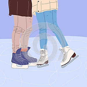 Couple on ice skating date semi flat color vector characters.