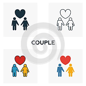 Couple icon set. Four elements in diferent styles from honeymoon icons collection. Creative couple icons filled, outline, colored