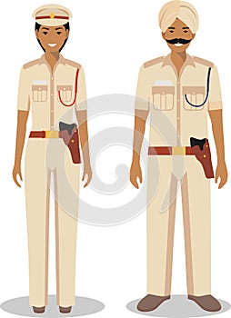 Couple of indian policeman and policewoman standing together on white background in flat style. Police concept. Flat design people