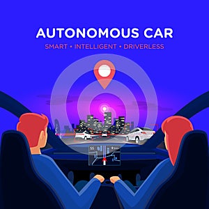 Couple inside autonomous car interior on highway traffic jam with night city skyline