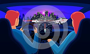 Couple inside car interior on road trip highway traffic jam with night city skyline