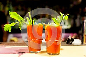 Couple of intense red bloody mary cocktails on inside bar on glasses with fresh green celeries, symbol of nightlife