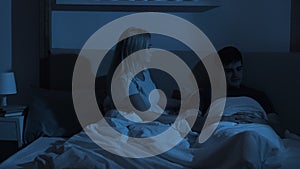 couple issue supportive wife sad husband bed night