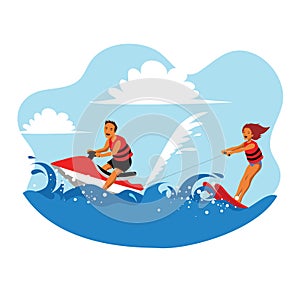 Couple jet skiing together on summer vacation