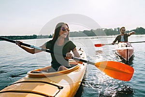 Couple kayaking together.