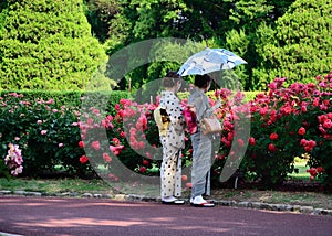 A couple of Kimono girls at rose garden, Kyoto Japan