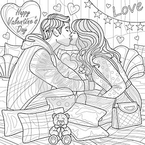 The couple kisses on the bed. Valentine's Day .Coloring book antistress for children and adults.