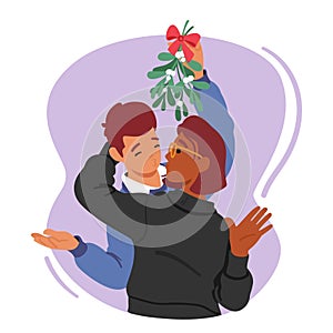 Couple Kisses Under Mistletoe, Hearts Aglow, Love Sweetest Tradition, Their Joy Wrapped In A Holiday Embrace