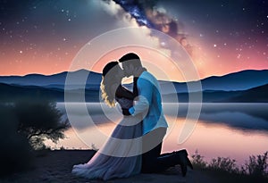 A couple kisses under the stars. Romantic couple kissing passionately under the starry sky,