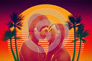 Couple kissing behind summer sunrise and palmtrees. 80`s retrowave or synthwave or vaporwave style 3d rendering illustration. Lov