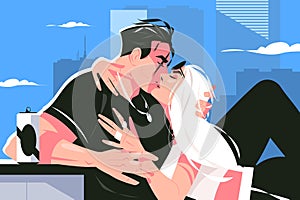 Couple kissing on building roof
