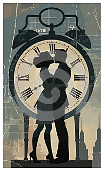 Couple kissing on clock background, vector art, street art, couple kissing, vintage poste