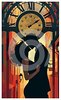 Couple kissing on clock background, vector art, street art, couple kissing, vintage poste