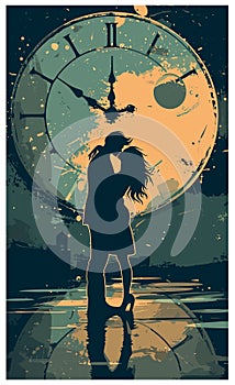 Couple kissing on clock background, vector art, street art, couple kissing, vintage poste